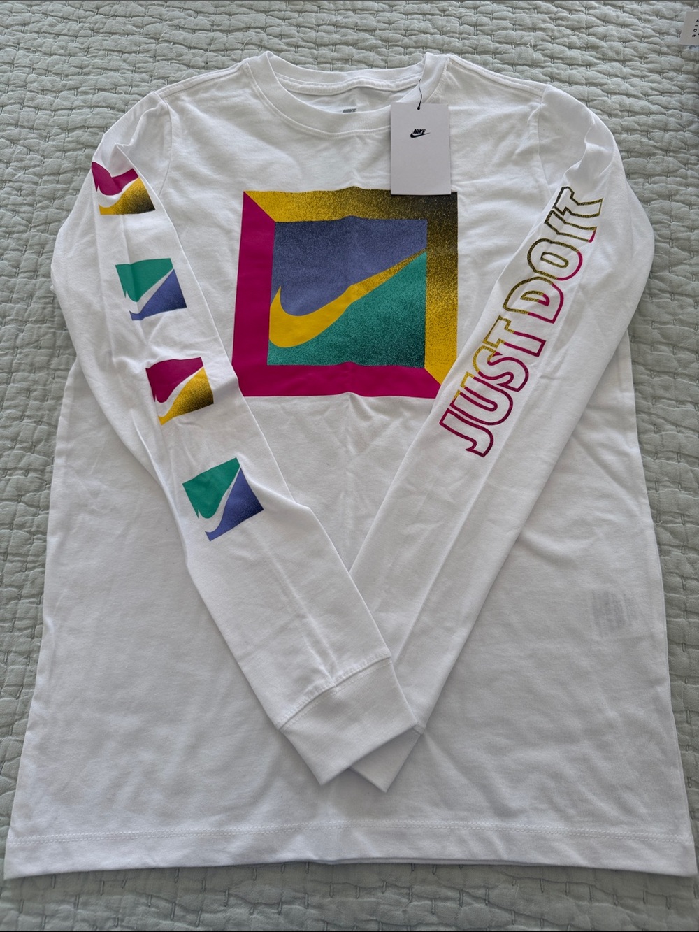 Nike White Long-Sleeve Tee with Multicolor Swoosh Graphics
